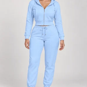 Sky Blue zip-up hoodie and jogger set, full-length front view
