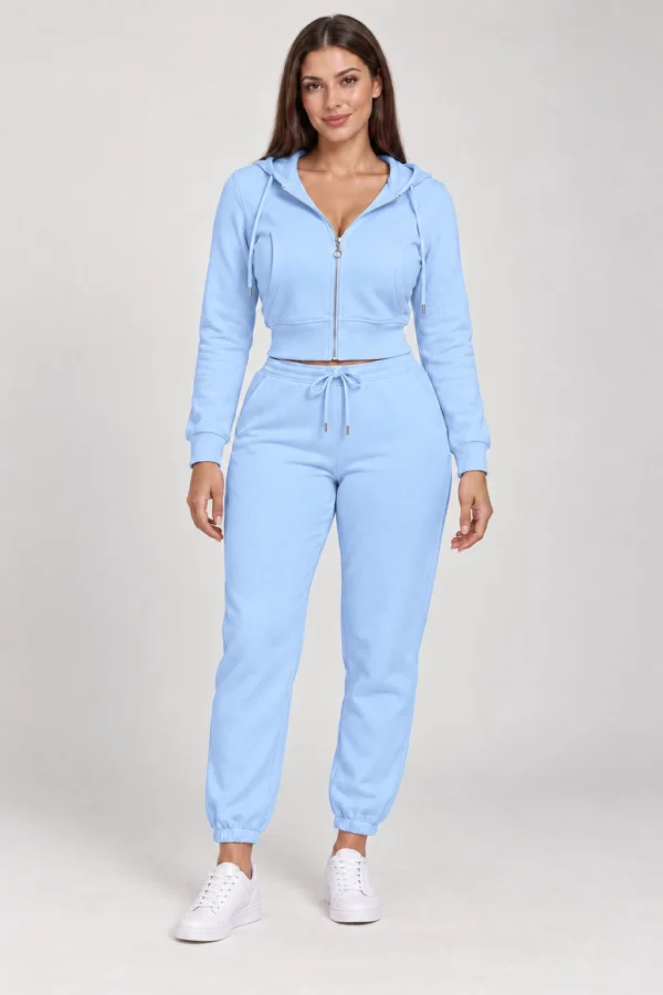 Sky Blue zip-up hoodie and jogger set, full-length front view