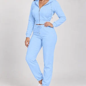 Sky Blue zip-up hoodie and jogger set, front three-quarter view