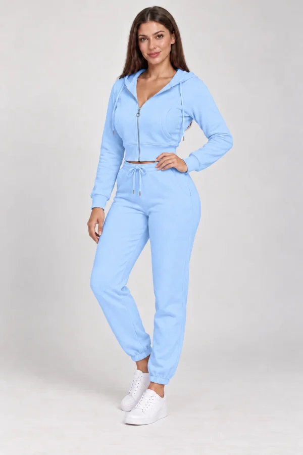 Sky Blue zip-up hoodie and jogger set, front three-quarter view