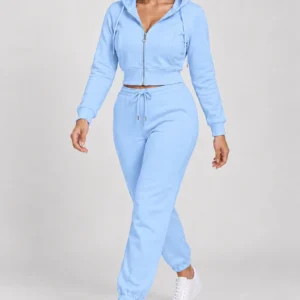 Sky Blue zip-up hoodie and jogger set, walking hood-up view