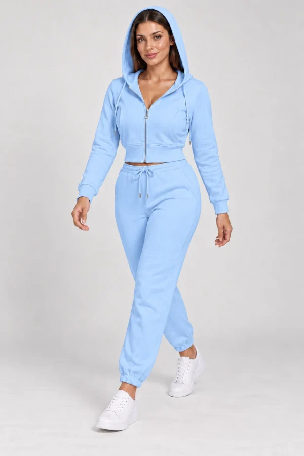 Sky Blue zip-up hoodie and jogger set, walking hood-up view