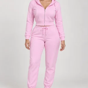 Pink zip-up hoodie and jogger set, full-length front view