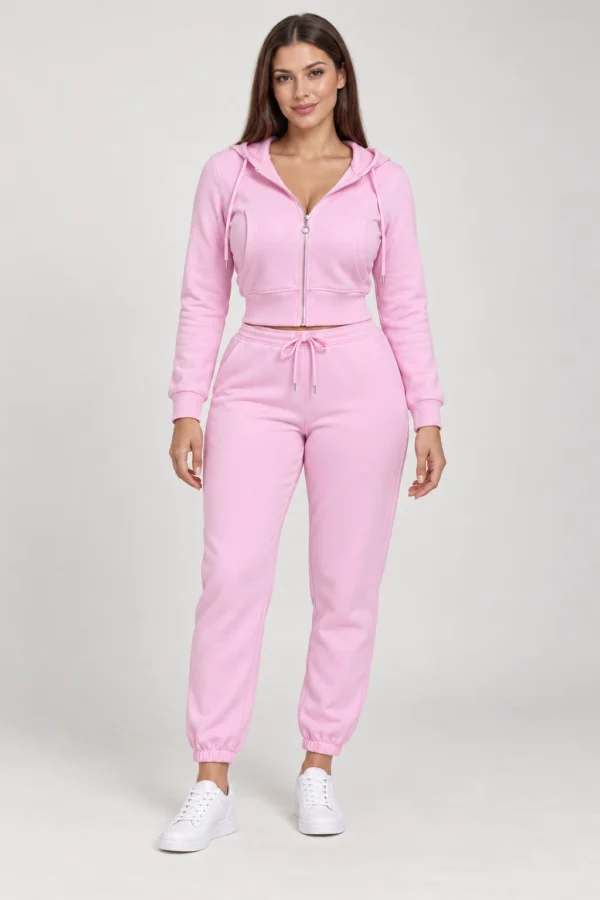 Zip-Up Hoodie & Jogger Set — Pink — full-length front view Pink zip-up hoodie and jogger set, full-length front view