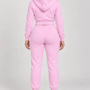 Pink zip-up hoodie and jogger set, illustrative back view