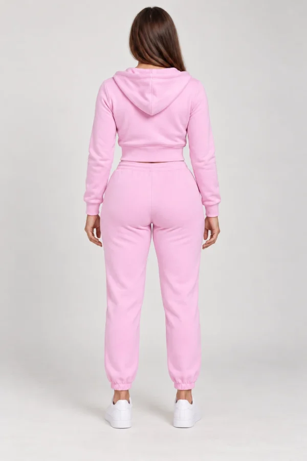 Pink zip-up hoodie and jogger set, illustrative back view